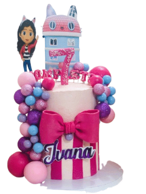 Beautiful Handmade Barbie & Gabby's Doll House Mix Tall Girl's Birthday Cake with Bow & Ball -Available for Delivery or Collection