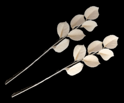 A Pair of Edible Sugar Trail Spray of White Leaves; Veined and Wired; Wedding/Anniversary, Christmas, Birthday Etc. Handmade Cake Decorations -Free & Fast Shipping-