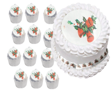  Pre-cut Large Round Edible Holly Leaves, Berries & Jingle Bells Photo, 4 Ribbons & 12 Wafer/Icing Paper Photo Cake/Cupcake Toppers /Decorations -Free & Fast Shipping