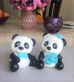 Lovely Edible Sugar Love Pandas Bride & Groom Couple Figure; 3D Handmade Wedding/Anniversary Cake Topper/Decoration set- Free & Fast Shipping - Image 3