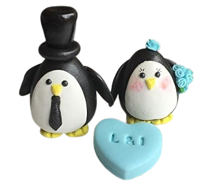 Personalized Edible Sugar Lovely Penguin Bride & Groom Couple with a sweetheart; handmade wedding/anniversary cake topper set -Free & Fast Shipping