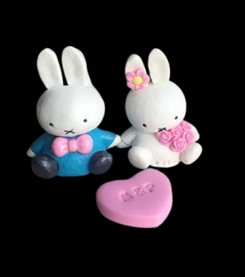 Cute Edible Sugar Love Bunnies Bride & Groom Couple with personalized Sweetheart; Handmade 3D Figure Wedding/Anniversary Cake Topper/ Decoration Set- Free & Fast Shipping