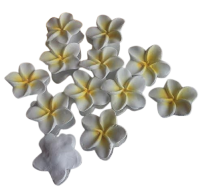 6 Large White Beautiful Edible Sugar Fondant Plumeria Flowers (frangpini); Yellow Highlighted Center ; 4.6cm; Handmade Cake/Cupcake Toppers/Decorations -Free & Fast Shipping