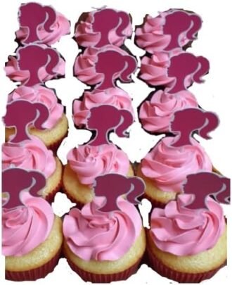 12 Beautiful Barbie Doll Princess Cupcake Topper/Decoration; Hot Pink; Mirror Card Double Layer Backdrop; 5cm-Free & Fast Shipping