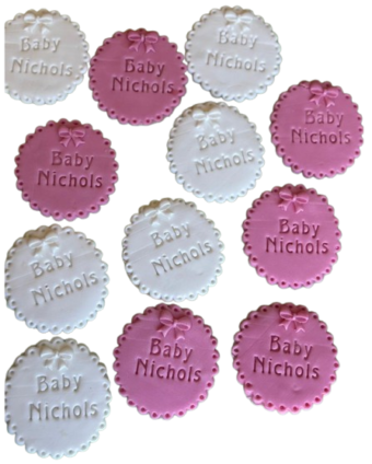 Customised/Personalised 12 SS Luxury  Sugar Cookies/Biscuits Branded Party favours/Gifts. With Scalloped Edges & Bow Decorations; Baby Shower, Christening, Naming; 6.5cm W X 1cm H Each -Free & Fast Shipping