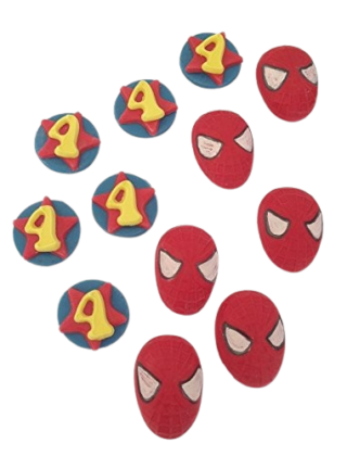 12 Edible Sugar Fondant Spiderman Head & Age Number Disk; Boys’ Handmade Super Hero Birthday Cupcake Topper/Decoration- Free & Fast Shipping
