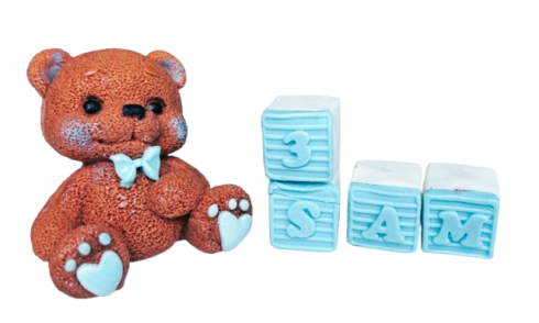Personalised Large Cute Edible Sugar Fondant 3D Teddy Bear (8cm) and Letter/Number Bricks 2cm Each, Handmade Boys/Girls Birthday, Baby Shower, Christening Figure Cake Topper/Decoration -Free & Fast Next Day Shipping - Image 8