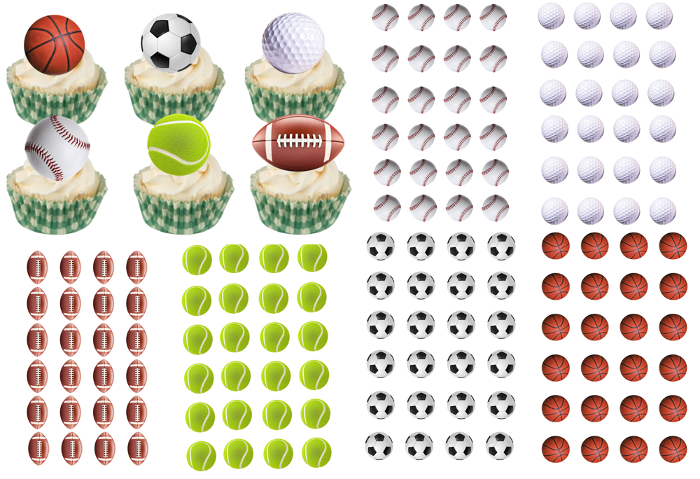 24 Pre-cut Edible Sports Balls; 4.5cm to 5cm Each Soccer, Rugby, Baseballs, Tennis, Golf, Basket Balls Wafer Paper Birthday Cakes/Cupcakes Toppers/decorations -Free & Fast Next Day Shipping