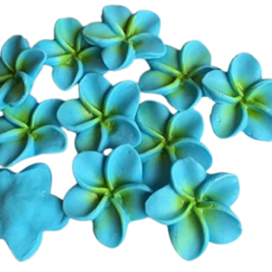 6 Large Blue Beautiful Edible Sugar Fondant Plumeria Flowers (frangpini); Yellow Highlighted Center ; 4.6cm; Handmade Cake/Cupcake Toppers/Decorations -Free & Fast Shipping