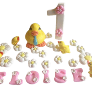 Personalized/Customised Edible Sugar Duck and Duckling; Flowers; Name; Birthday, Baby Shower, Easter, Mothers’ Day Cake Topper/Decoration Set -Free & Fast Shipping