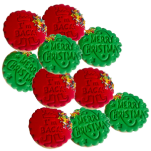 10 Luxury SS Merry Christmas Cookies/Biscuits Branded Party favours/Gifts. Scalloped Round, Red & Green Mix; 6.5cm -Free & Fast Shipping- 