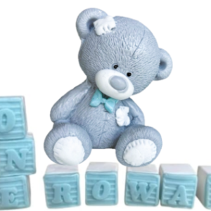 Personalised Large Edible Sugar Fondant 3D Patched Teddy Bear (8cm) and Letter/Number Bricks 2cm Each, Handmade Boys/Girls Birthday, Baby Shower, Christening Figure Cake Topper/Decoration -Free & Fast Shipping