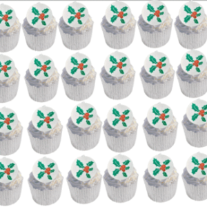 24 Round Pre-cut Edible Holly leaves and Berries Photo Wafer/Icing Paper Photo; 1.8″- Christmas Cupcake Toppers /Decorations -Free& Fast Shipping