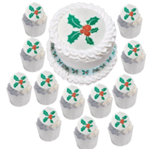  Pre-cut Large Round Edible Holly Leaves & Berries Photo, 4 Ribbons & 12 Wafer/Icing Paper Photo Cake/Cupcake Toppers /Decorations -Free& Fast Shipping