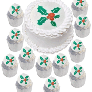 Large Pre-cut Round Edible Holly Leaves and Berries Photo and 12 Wafer/Icing Paper Photo Cake/Cupcake Toppers /Decorations -Free& Fast Shipping