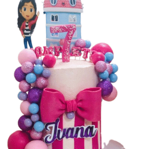 Beautiful Handmade Barbie & Gabby’s Doll House Mix Tall Girl’s Birthday Cake with Bow & Ball -Available for Delivery or Collection