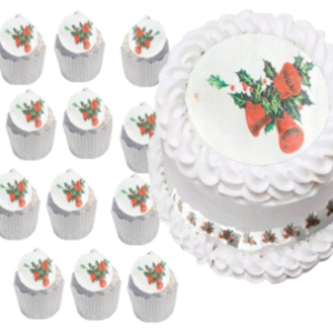  Pre-cut Large Round Edible Holly Leaves, Berries & Jingle Bells Photo, 4 Ribbons & 12 Wafer/Icing Paper Photo Cake/Cupcake Toppers /Decorations -Free & Fast Shipping