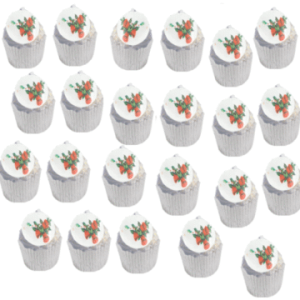 24 Round Pre-cut Edible Holly leaves, Berries & Jingle Bells Photo Wafer/Icing Paper Photo; 1.8″- Christmas Cupcake Toppers /Decorations -Free& Fast Shipping