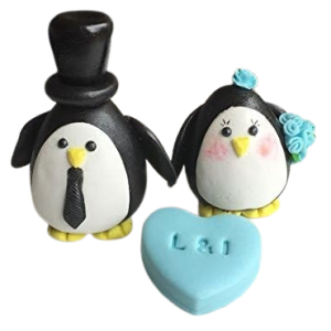 Personalized Edible Sugar Lovely Penguin Bride & Groom Couple with a sweetheart; handmade wedding/anniversary cake topper set -Free & Fast Shipping