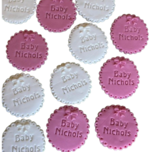 Customised/Personalised 12 SS Luxury  Sugar Cookies/Biscuits Branded Party favours/Gifts. With Scalloped Edges & Bow Decorations; Baby Shower, Christening, Naming; 6.5cm W X 1cm H Each -Free & Fast Shipping