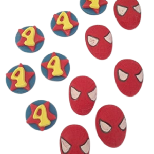 12 Edible Sugar Fondant Spiderman Head & Age Number Disk; Boys’ Handmade Super Hero Birthday Cupcake Topper/Decoration- Free & Fast Shipping