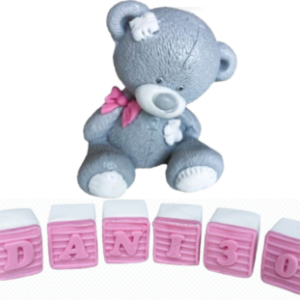 Personalised Large Edible Sugar Fondant Patched Teddy Bear (8cm) and Letter/Number Bricks 2cm Each, Handmade Boys/Girls Birthday, Baby Shower, Christening 3D Figure Cake Topper/Decoration -Free & Fast Next Day Shipping