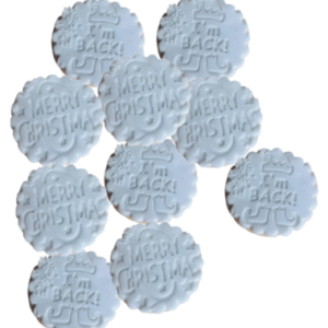 Customise Colour x10 Luxury SS Merry Christmas Cookies/Biscuits Branded Party favours/Gifts. Scalloped Round, White; 6.5cm -Free & Fast Shipping- 